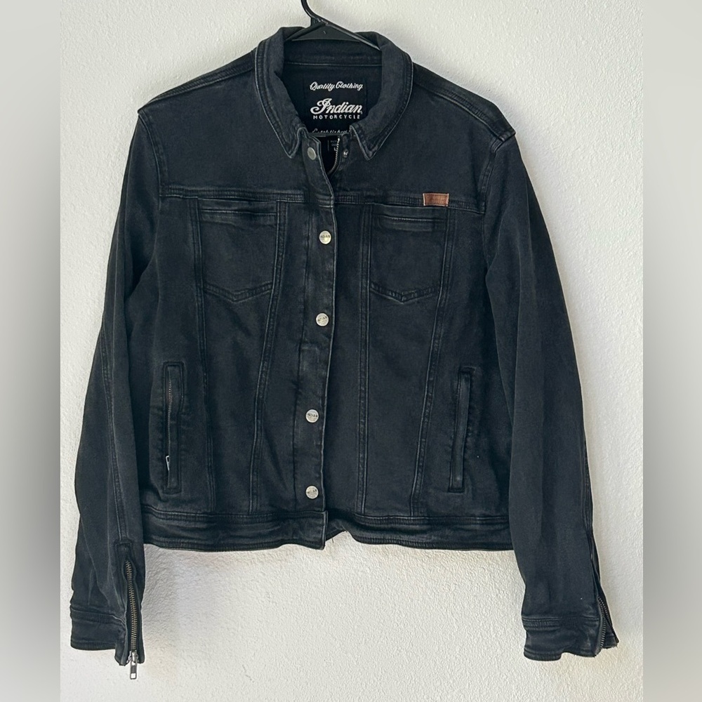 Authentic Indian Motorcycle Distressed Washed Black Denim Lana Jacket (Size L)